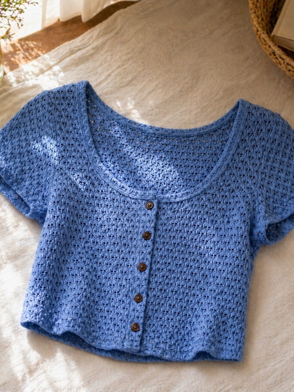 Bozzolo Blue Crochet Top Size Large Button Front Y2K Cottagecore